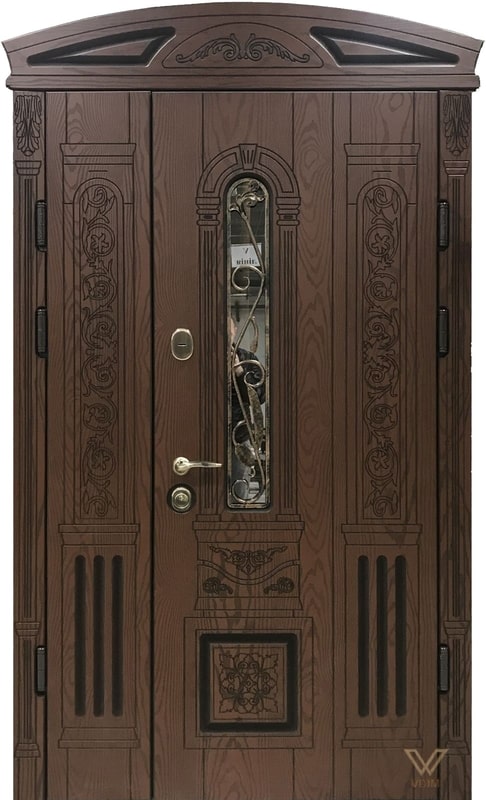 Вхідні двері з полімерними накладками, двополі з склопакетом, ковкою та карнізом